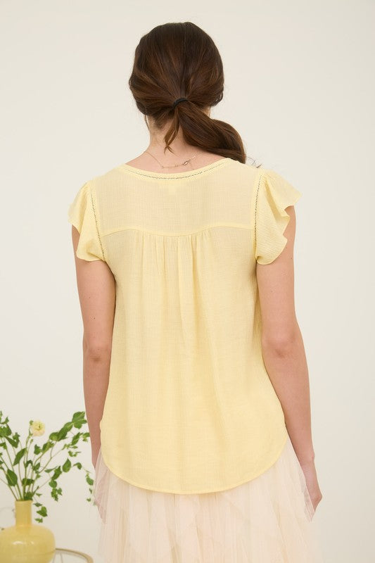 Light Yellow Ladder Lace Trim Front Tie Ruffle Sleeve Blouse
