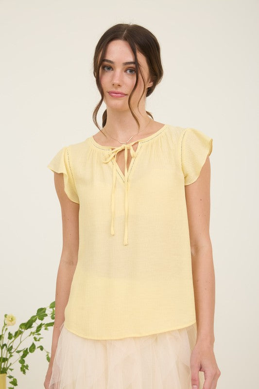 Light Yellow Ladder Lace Trim Front Tie Ruffle Sleeve Blouse