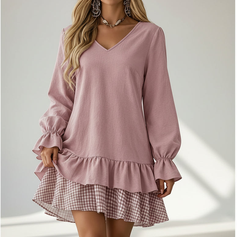 Women's V-Neck Ruffle Sleeve Plaid Patchwork Mini Dress