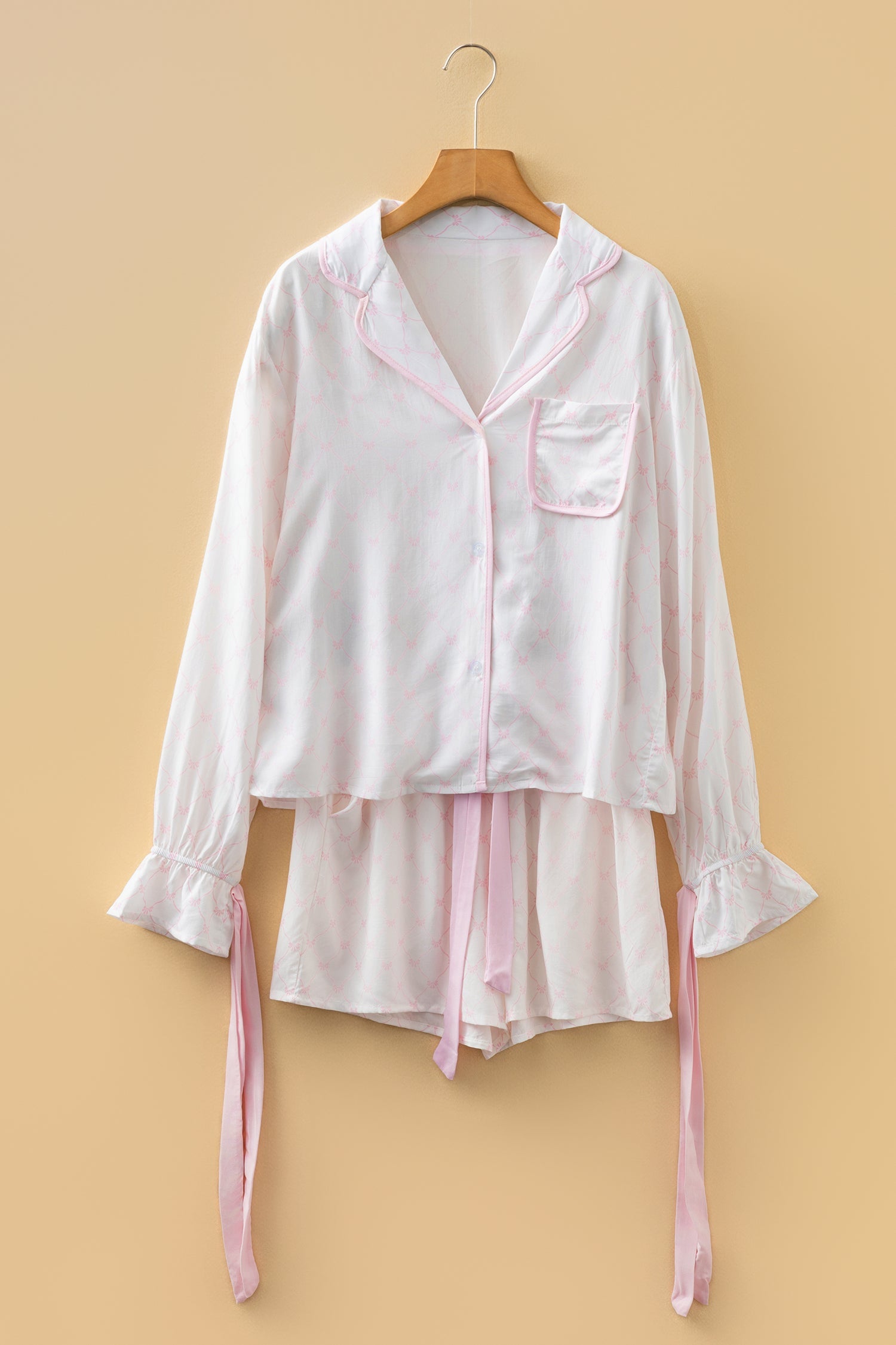 Pink Bow Lattice Print Bow Ties 2pcs Pajama Set