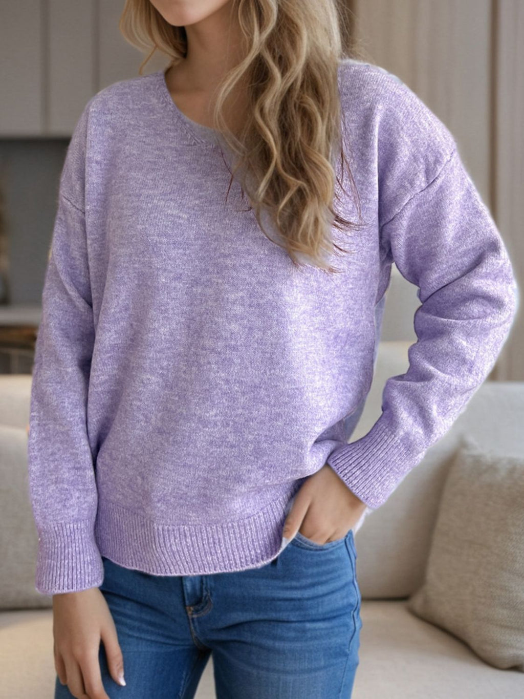 Women's V-Neck Dropped Shoulder Long Sleeve Knit Sweater - Image 23