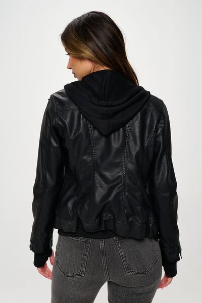 Modern Black Vegan Leather Hooded Jacket with Double Zip