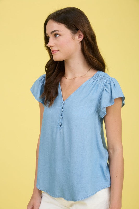 V Neck Half Button Chambray Top with Ruffle Sleeves