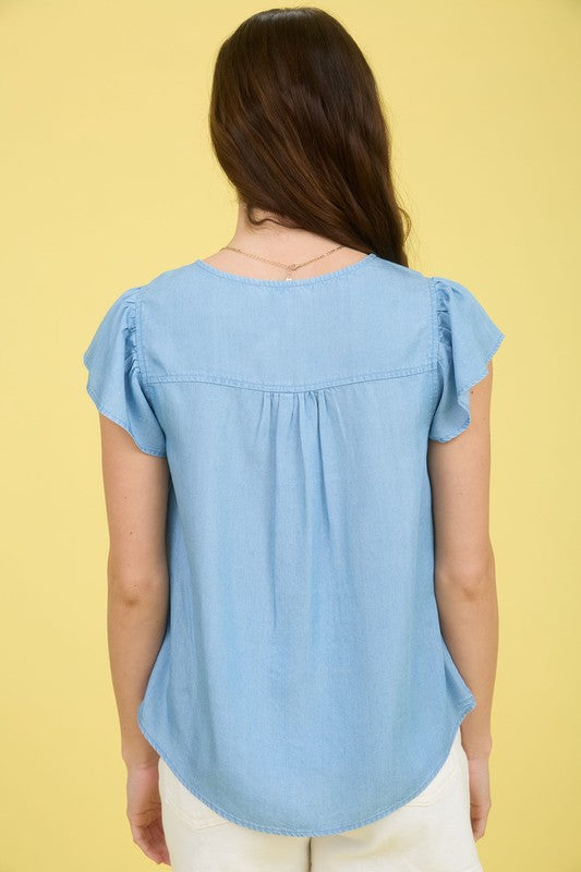 V Neck Half Button Chambray Top with Ruffle Sleeves