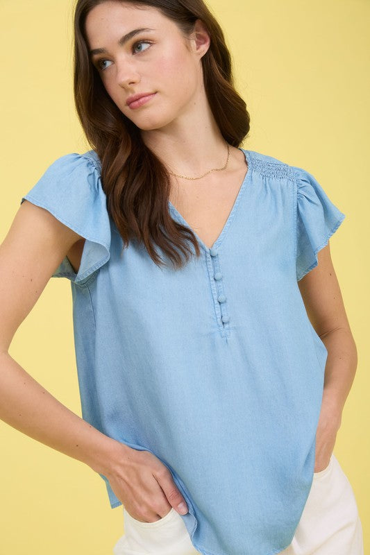 V Neck Half Button Chambray Top with Ruffle Sleeves