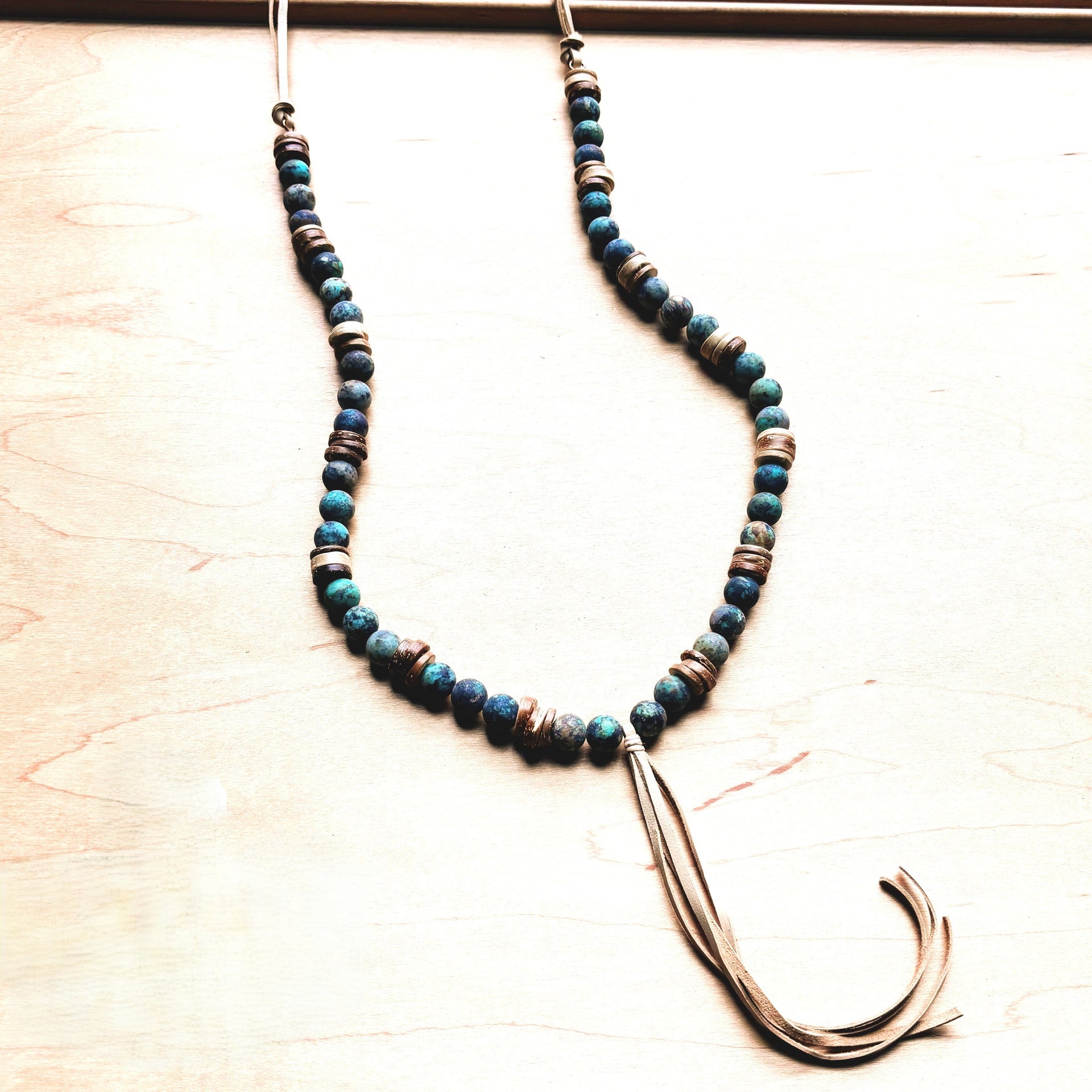**Frosted African Turquoise Necklace Wood Beads Leather Tassel 257z
