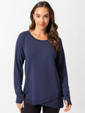 Leanna Feather Fleece Tunic in solid deep navy blue with long sleeves, crew neckline, and tulip hem.
