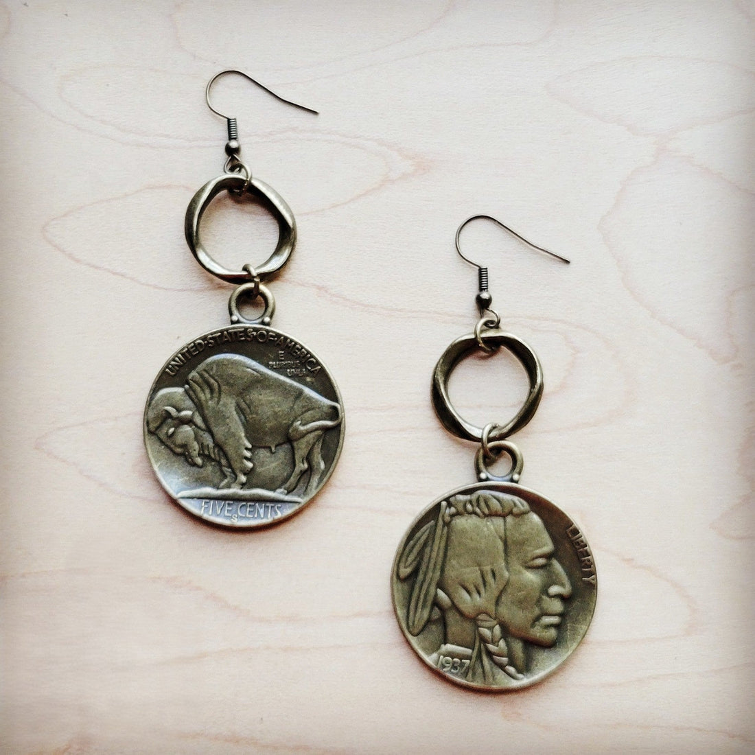 Antique Gold Indian Buffalo Head Earrings 221f