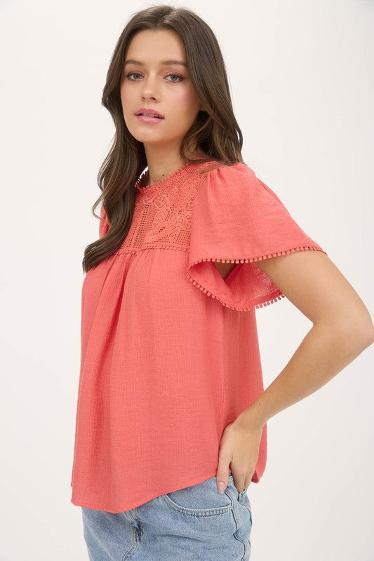Sheer Lace Yoke Ruffle Sleeve Blouse with Pom Pom Trim