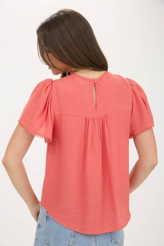 Sheer Lace Yoke Ruffle Sleeve Blouse with Pom Pom Trim