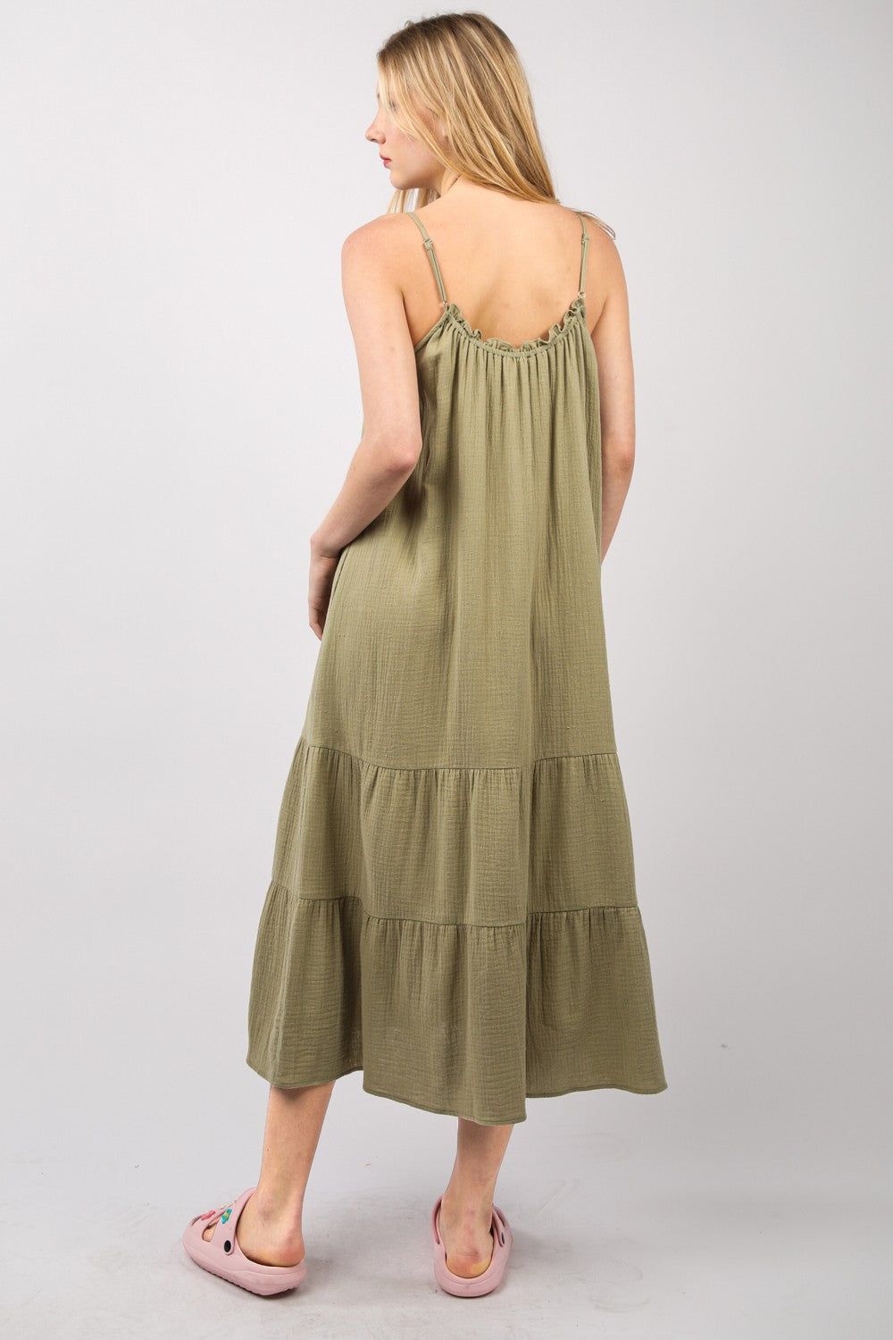 Ruffled A-Line Midi Cami Dress in Olive Green