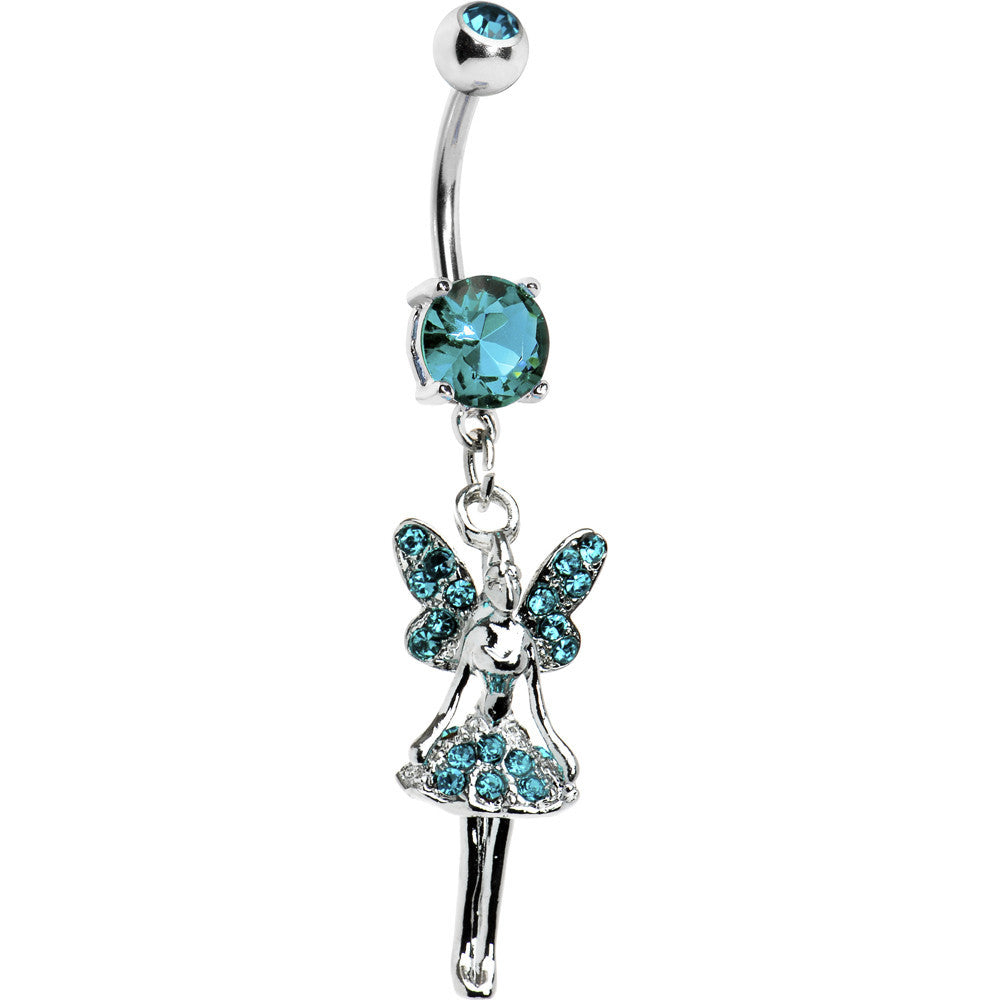 Zircon blue cubic zirconia fairy dangle belly button ring on a white background
