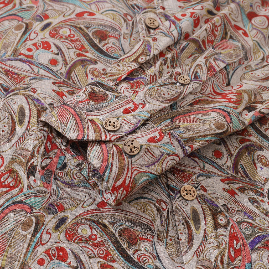 Men's Geometric Long Sleeve Button-Down Aloha Shirt in Beige