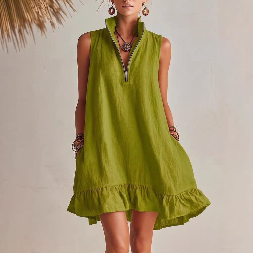 Women's Casual Sleeveless Half-Zip Mini Dress with Ruffle Hem - Image 5