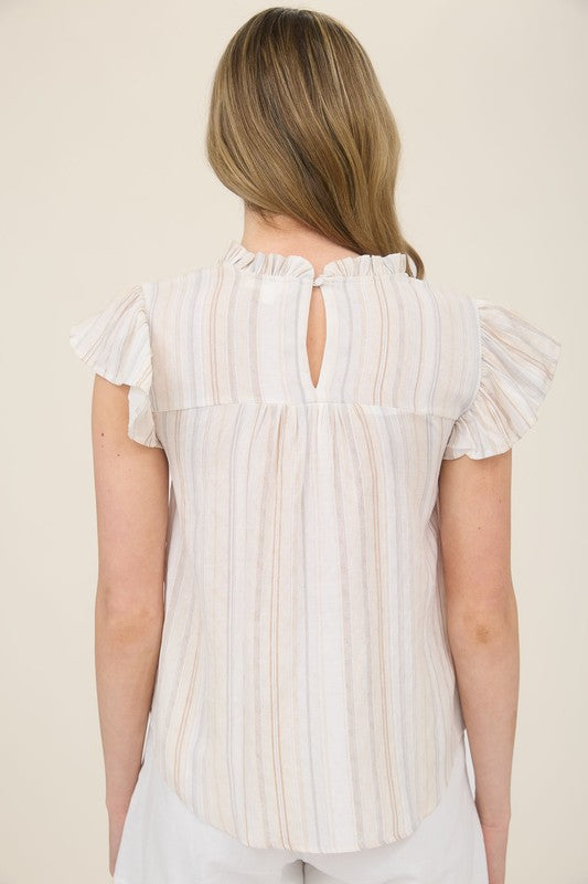 Multicolor Stripe Lace Trim Ruffle Sleeve Top - Bohemian Style