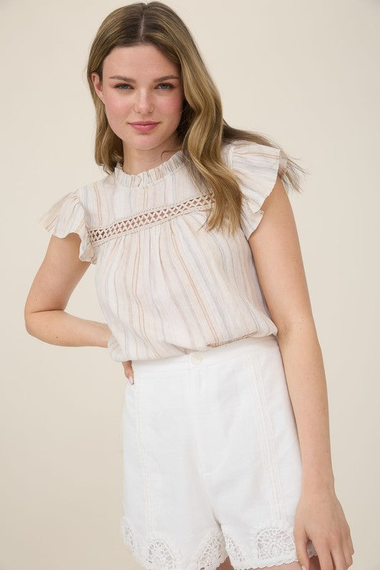 Multicolor Stripe Lace Trim Ruffle Sleeve Top - Bohemian Style