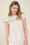 Women's multicolor striped cotton top with ruffle sleeves, lace trim, and a relaxed, bohemian fit.