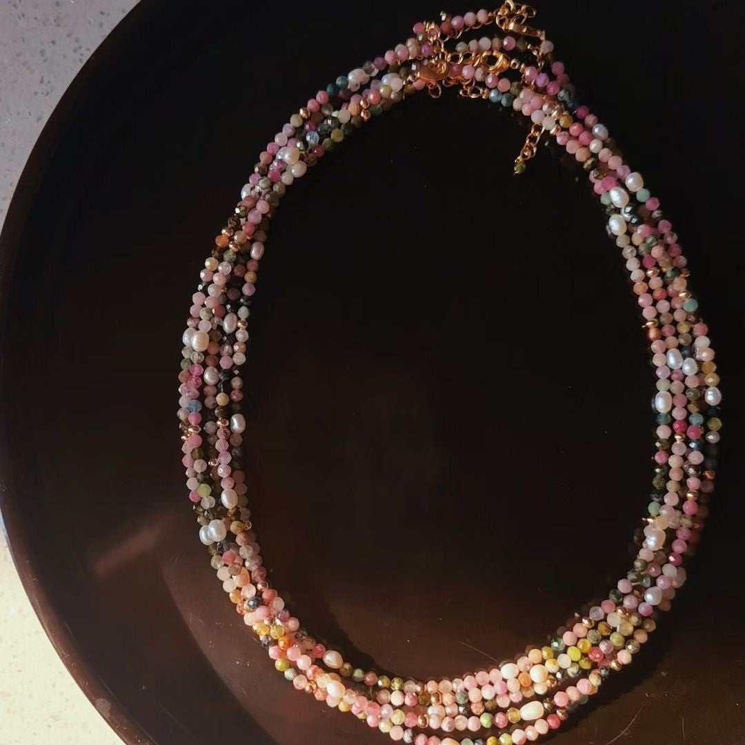Natural Tourmaline and Freshwater Pearl Beaded Choker Necklace