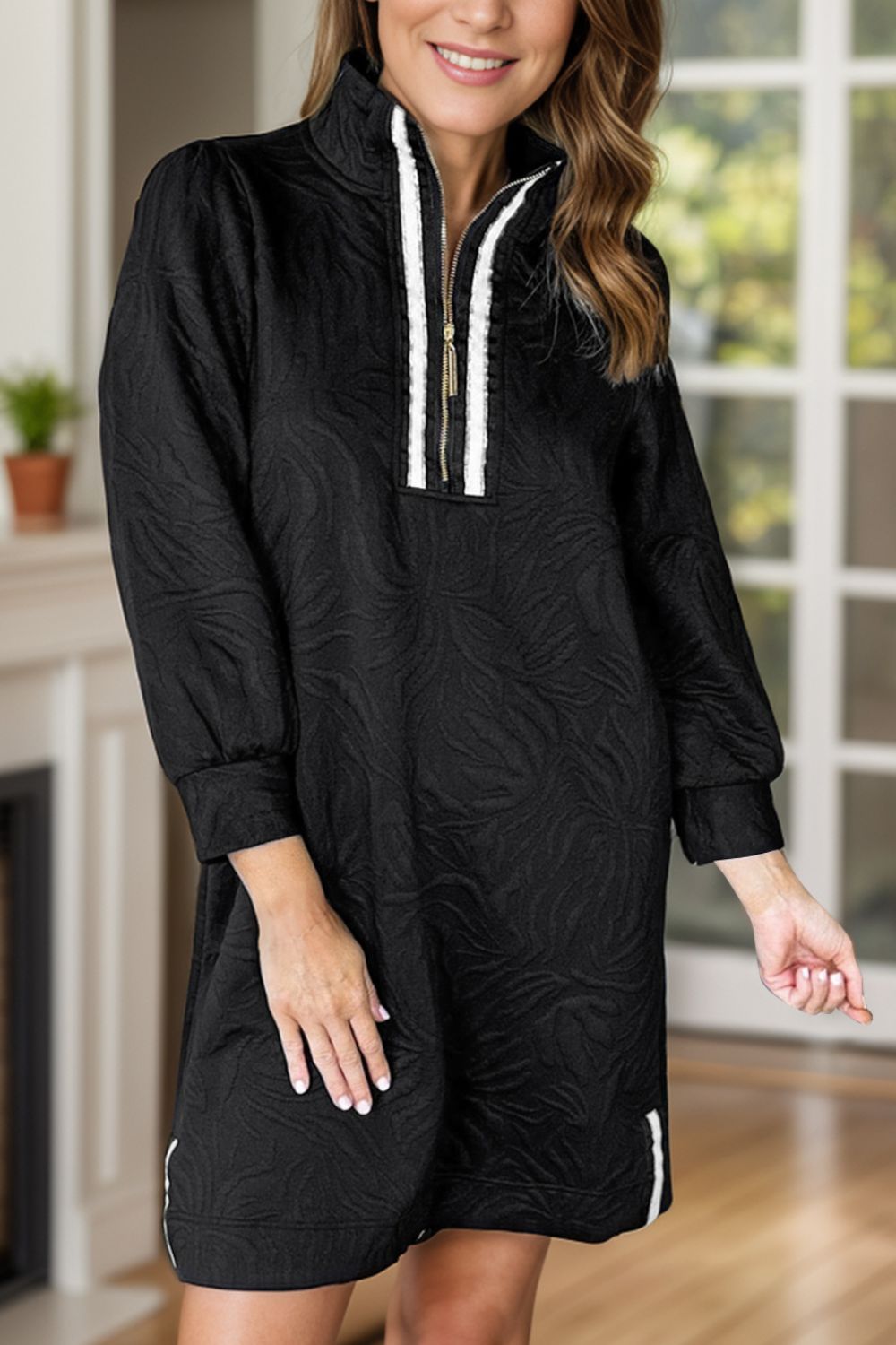 Textured Zip Front Mini Dress Modern Long Sleeve Knit