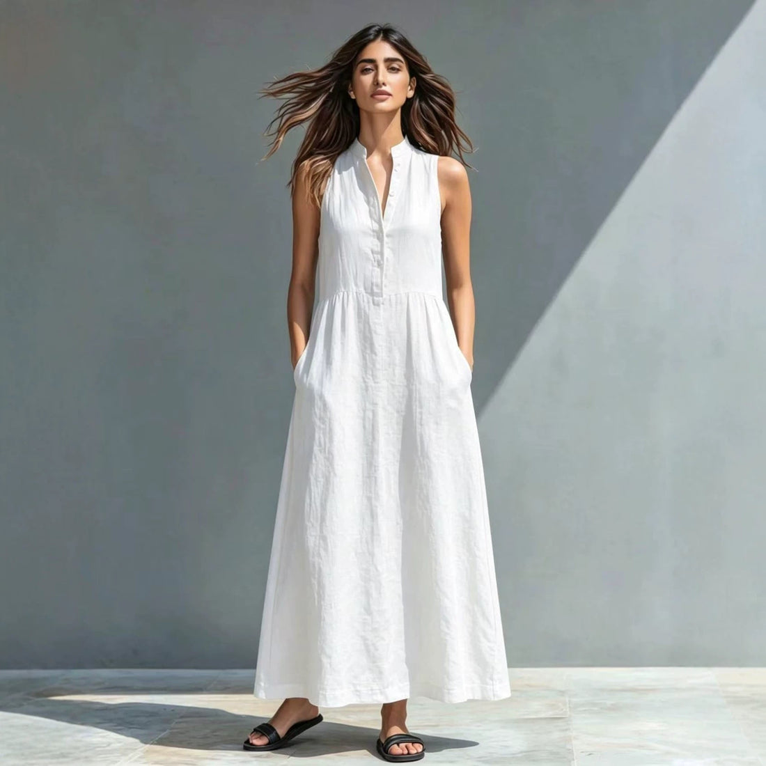 Women's Stand-Collar A-Line Maxi Dress – Resort & Vacation Style