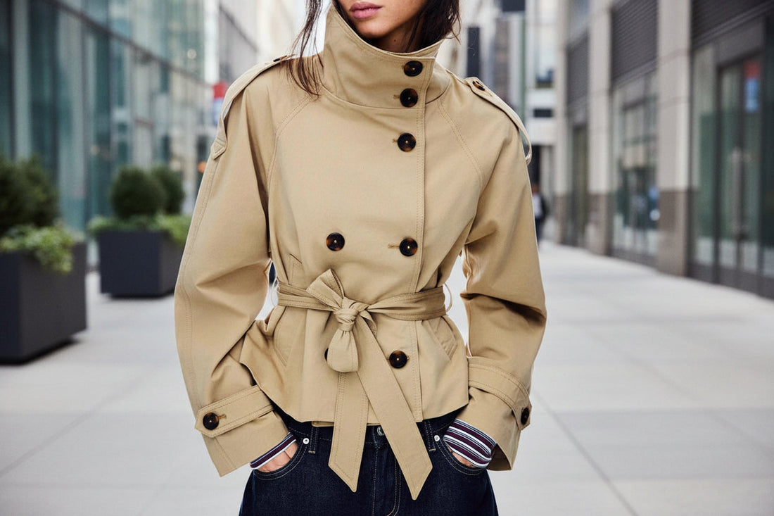 Women's Short Trench Coat with Lace-Up Waist Detail - Image 2