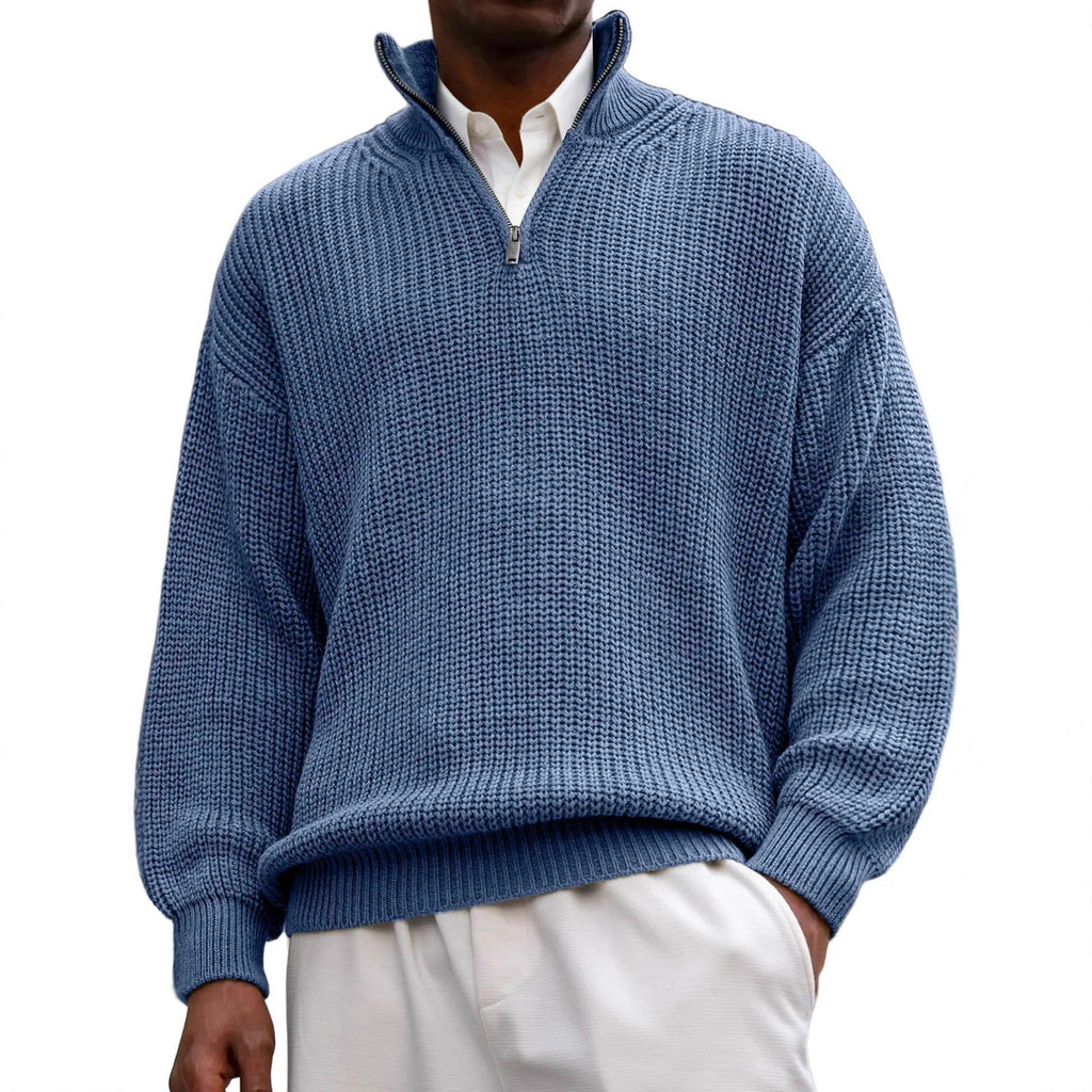 Men's long sleeve half-zip knit polo sweater in solid color with stand collar