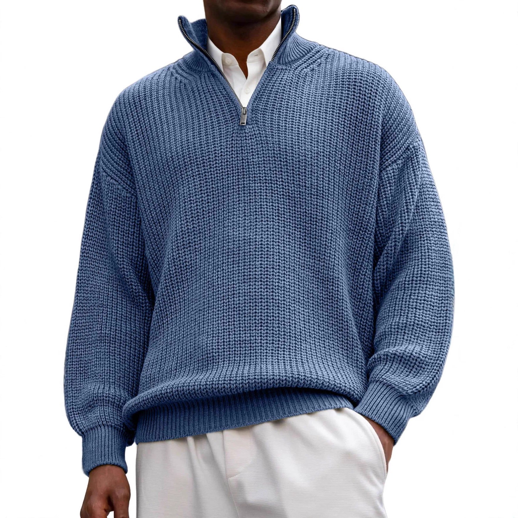 Men's long sleeve half-zip knit polo sweater in solid color with stand collar