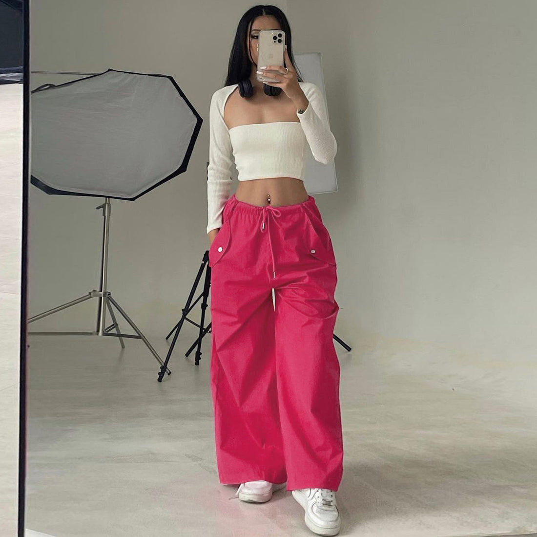 Women's High-Waist Straight-Leg Cargo Pants with Lace-Up Details