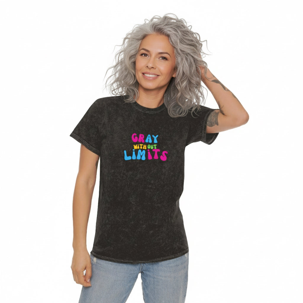 A front view of a unisex mineral wash crew neck t-shirt in black and purple with retro typography