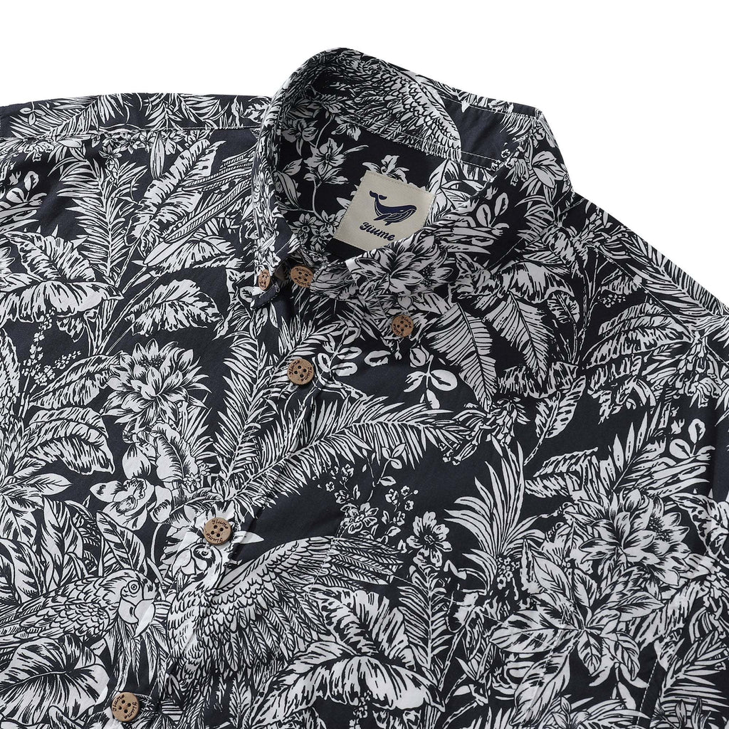 Men's Hawaiian Shirt Black Parrot In The Jungle 100% Cotton Button Down By Amy