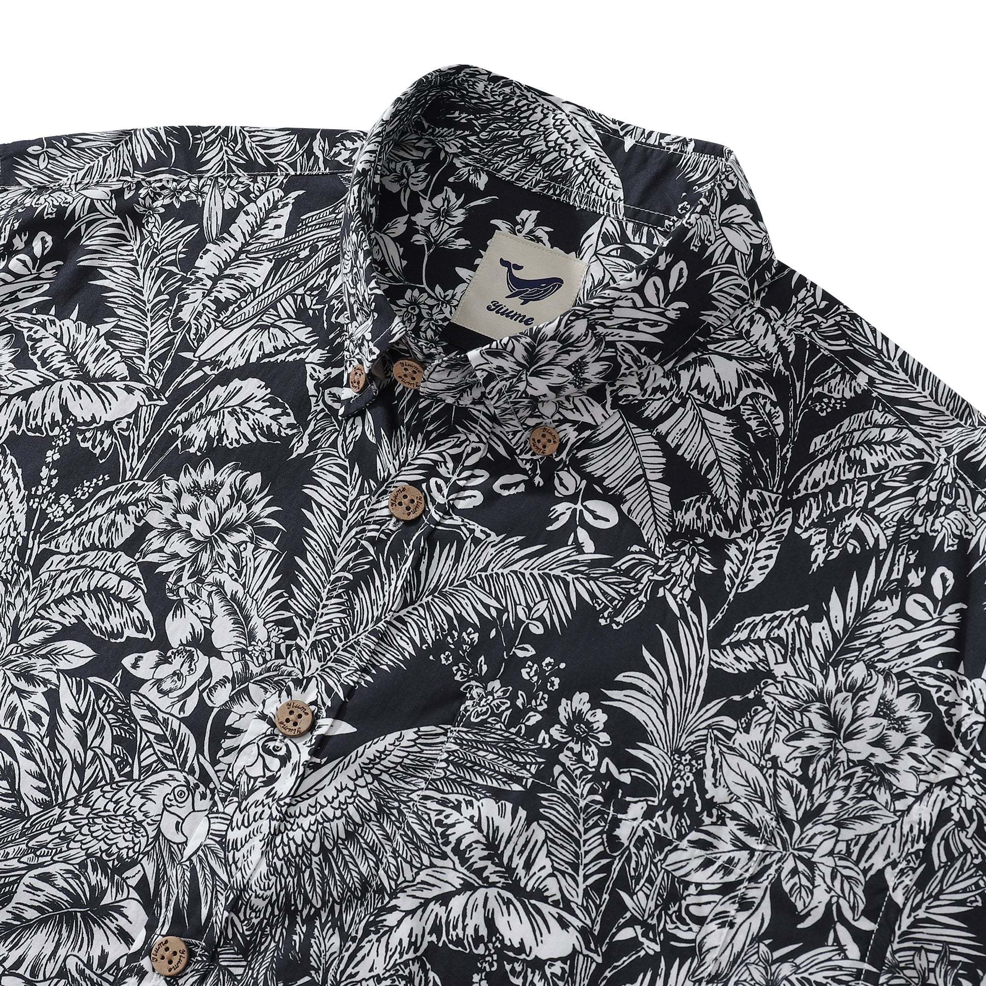 Men's Hawaiian Shirt Black Parrot In The Jungle 100% Cotton Button Down By Amy