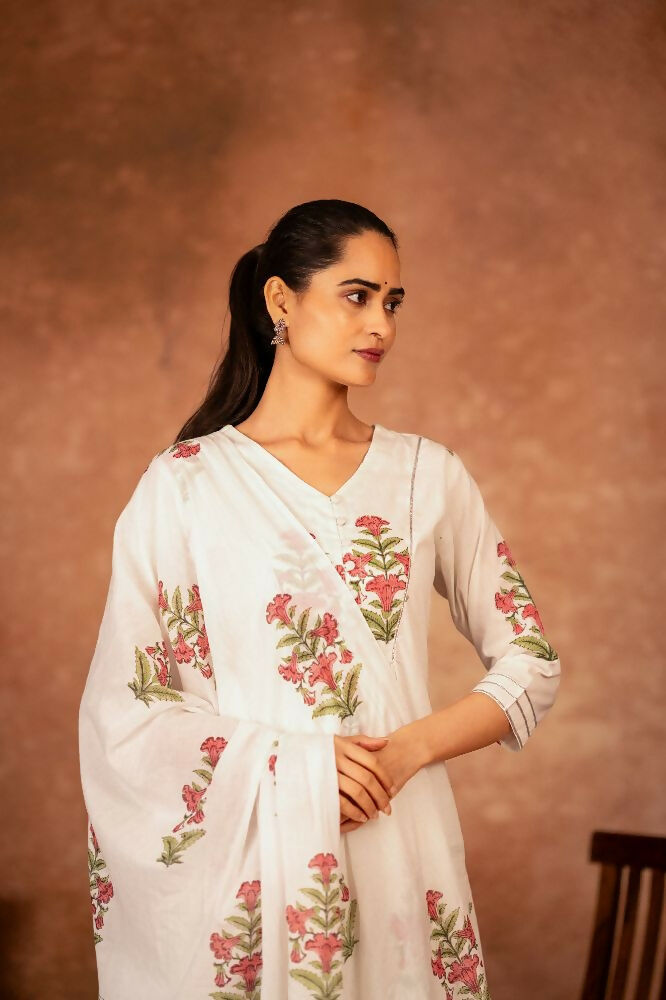 Off White and Pink Hand Block Printed Cotton Suit Set