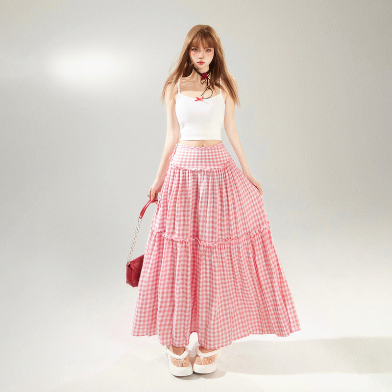 Women's Pink Plaid Tiered A-Line Maxi Skirt Harajuku Style - Image 5