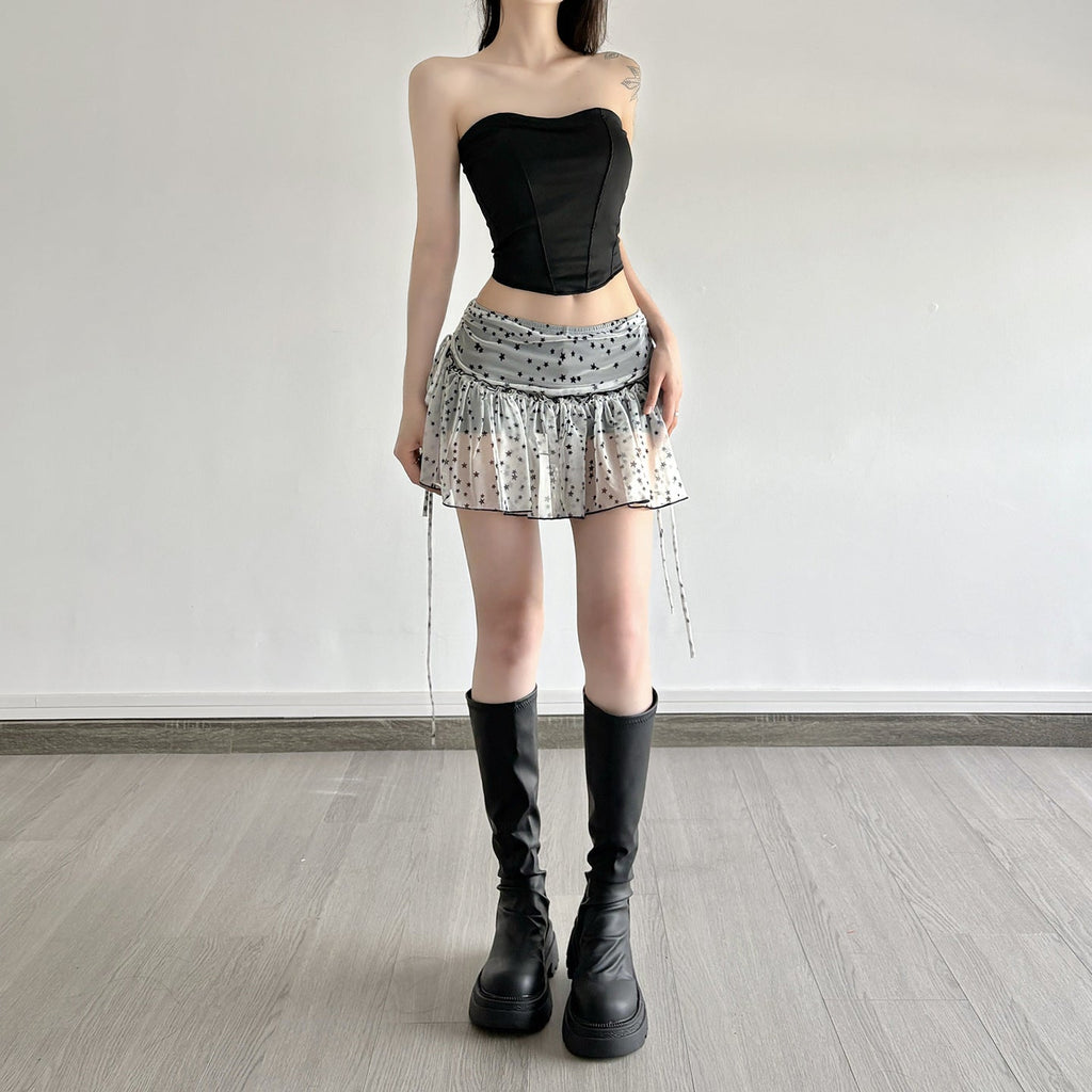White Star Print Pleated Mini Skirt with Side Drawstring - Image 3