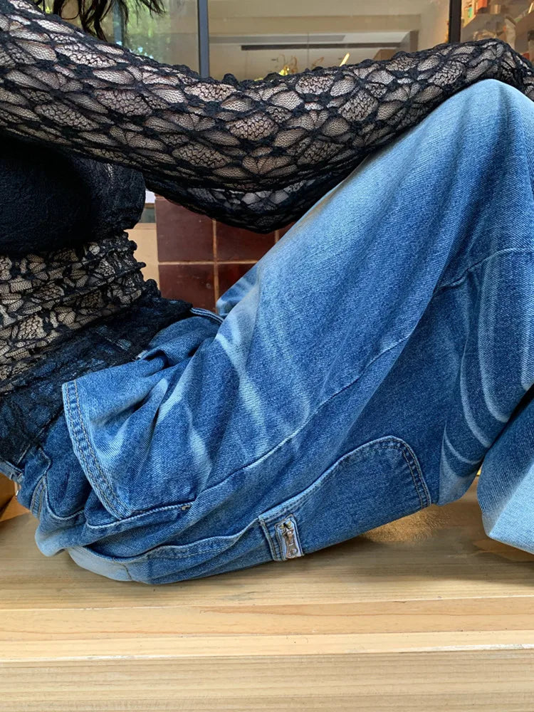 Classic Blue Harajuku Loose Pleated Wide Leg Denim Jeans - Image 5