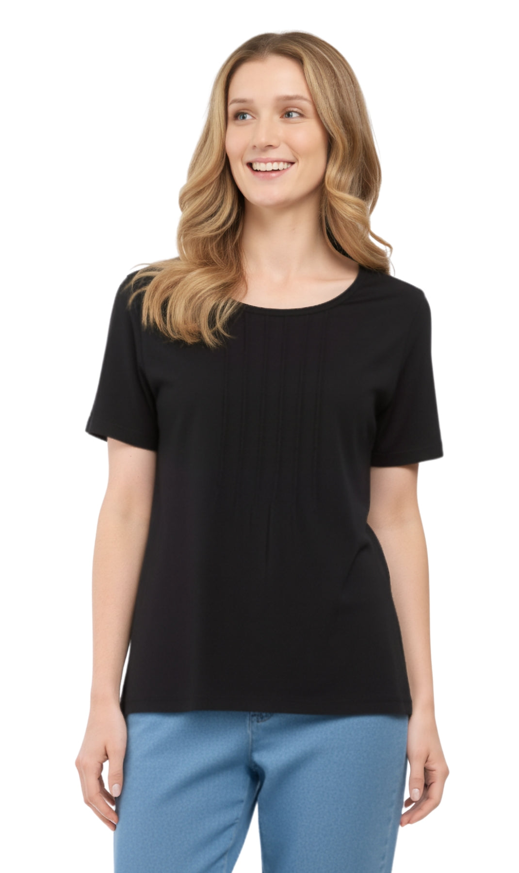 Women's Short Sleeve Pintuck Scoop Neck 100% Cotton Knit T-Shirt