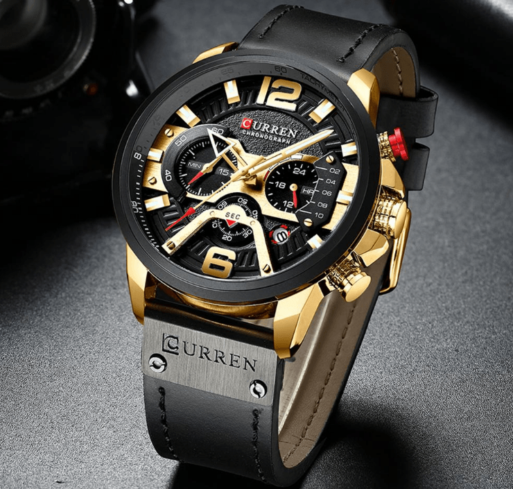 Men's Waterproof Sports Chronograph Watch with Leather Strap