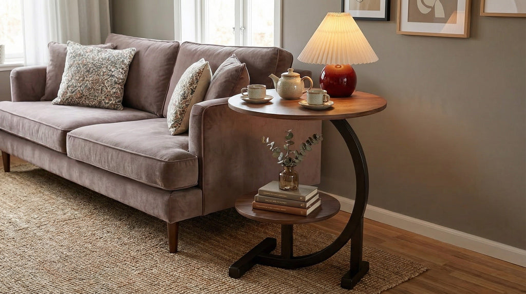 Modern Round Side Table with Wrought Iron Base for Living Room