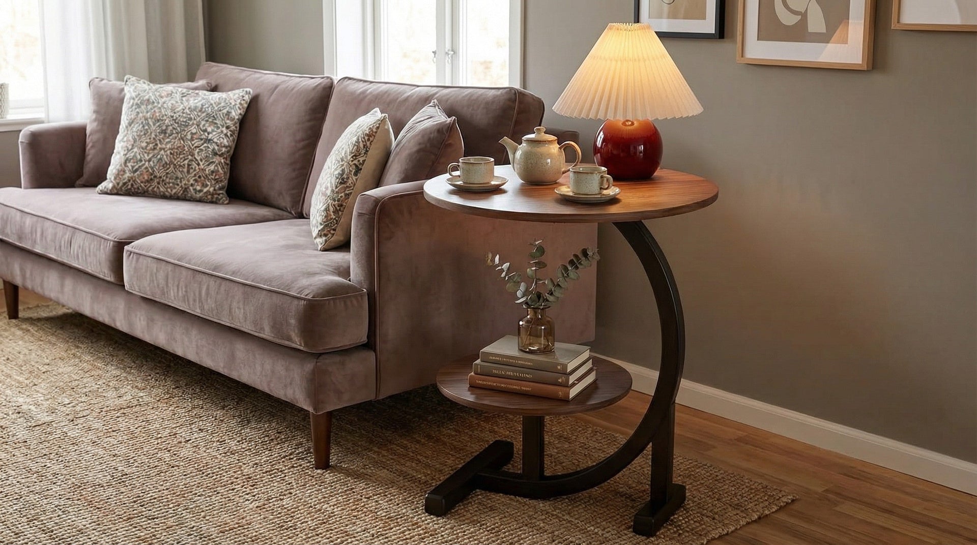 Modern Round Side Table with Wrought Iron Base for Living Room