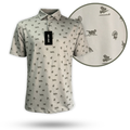 Close-up of Turkey Tom beige golf polo shirt featuring moisture-wicking performance fabric.