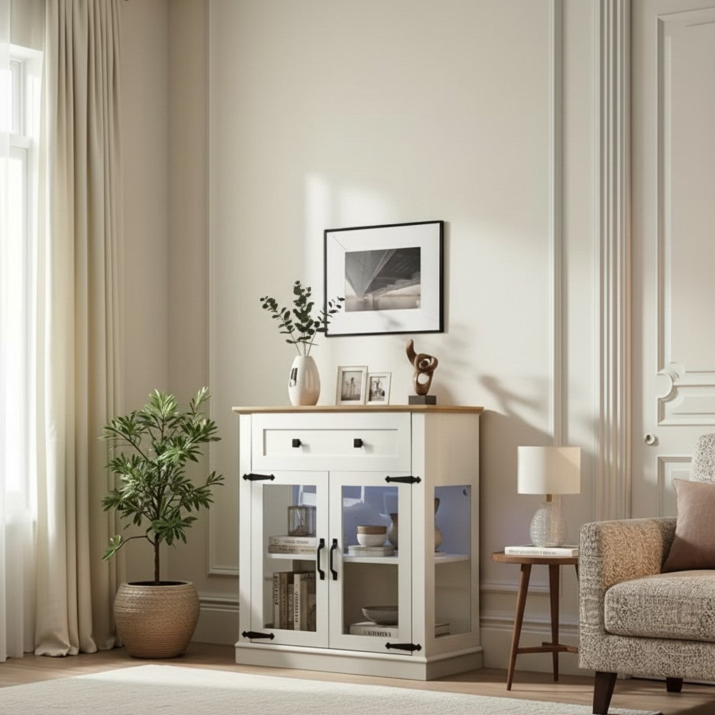 Modern Glass Door Cabinet with Adjustable Shelves, Compact Storage