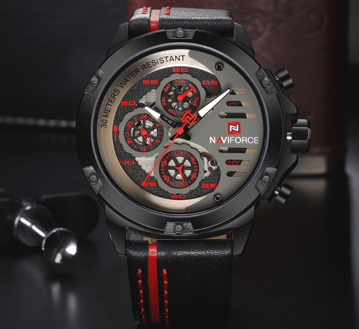 Men's Waterproof Sports Watch with Leather Band & Chronometers