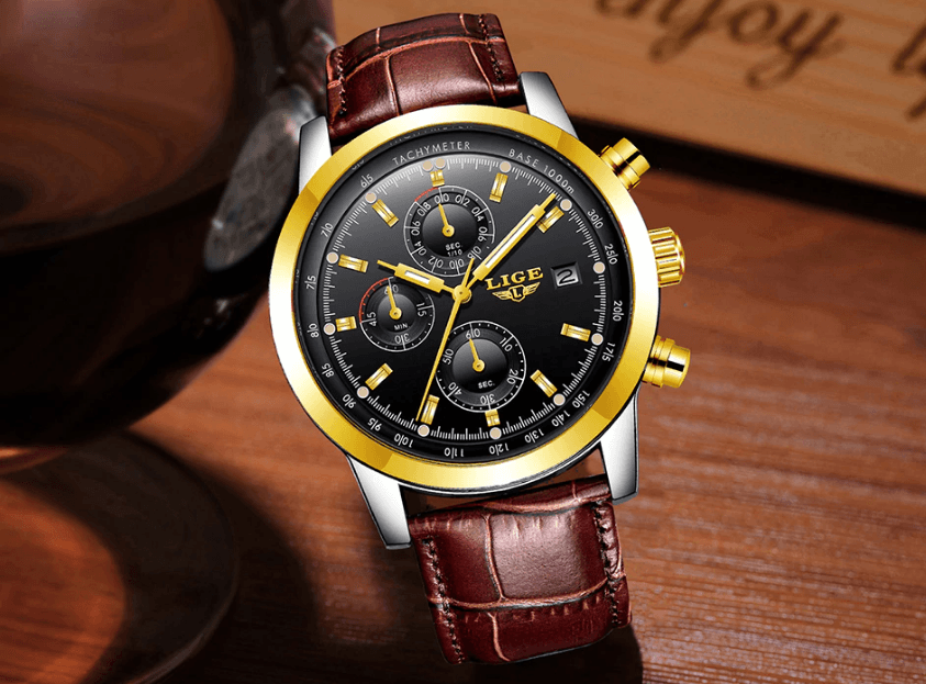 Waterproof Men's Quartz Watch with Chronometers and Brown Strap