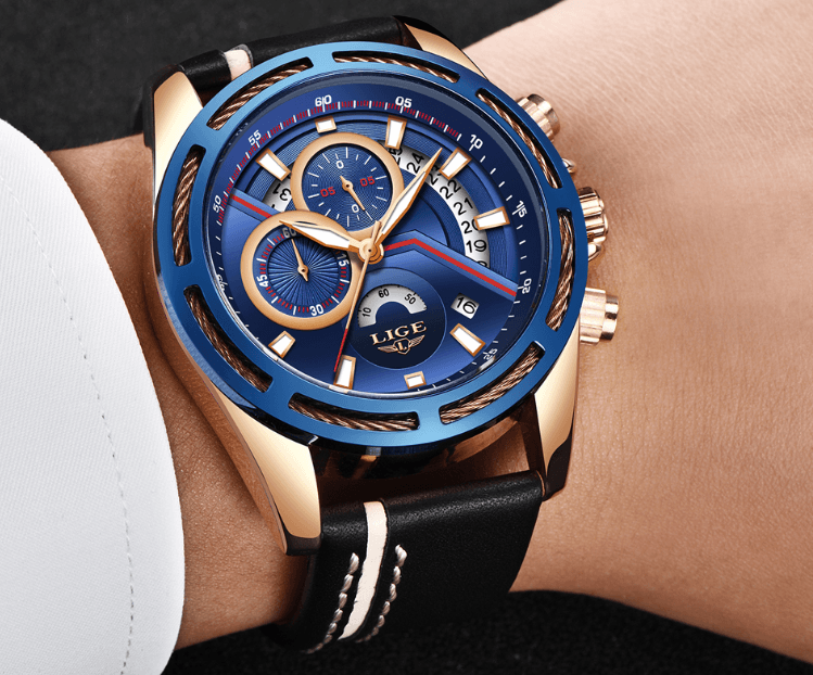 Men's Waterproof Chronograph Sports Watch with Leather Strap