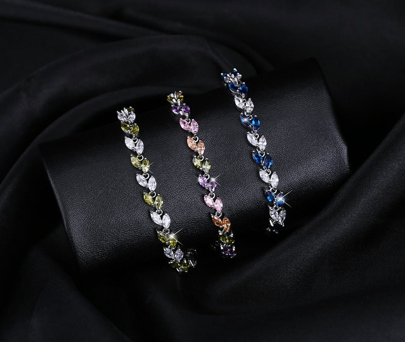 Dainty Leaf Zircon Bracelet in S925 Silver, Nature-Inspired Jewelry