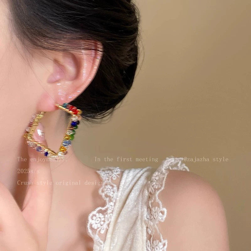 Boho Multicolor Crystal Square Hoop Earrings For Women, Dainty Gold Plated Rainbow CZ Geometric Hoop Earrings, Summer Vacation Beach Jewelry Gift