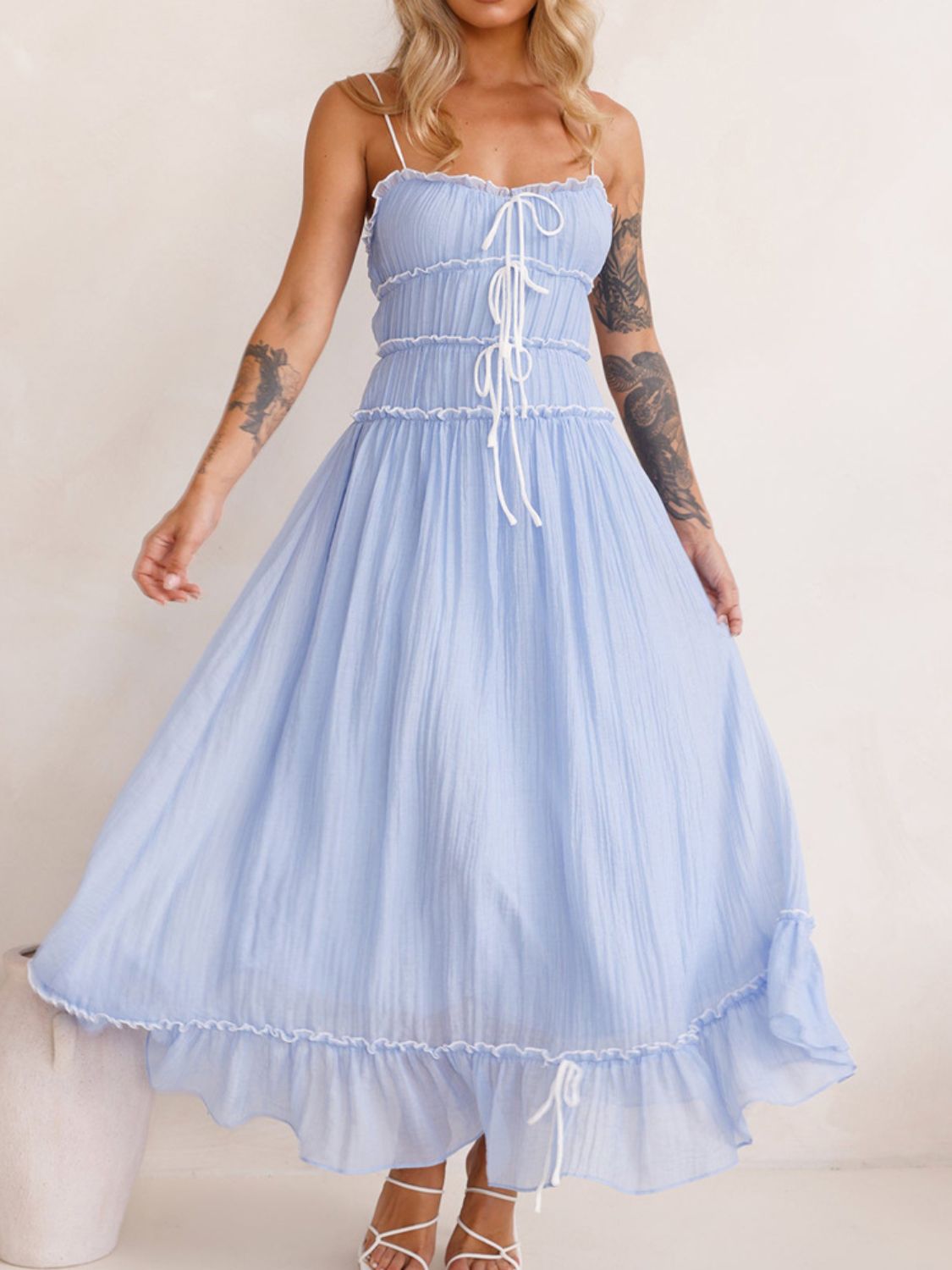 Girls Vintage Ruffled Hem Midi Dress with Tied and Ruched Detail