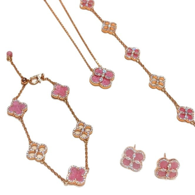 Pink Four Leaf Clover Necklace, Bracelet and Earring Set