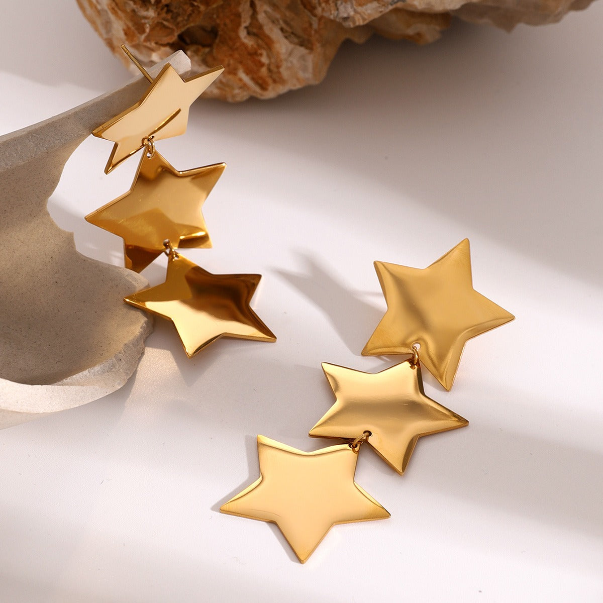18K gold stylish five-pointed star with three-layer design earrings