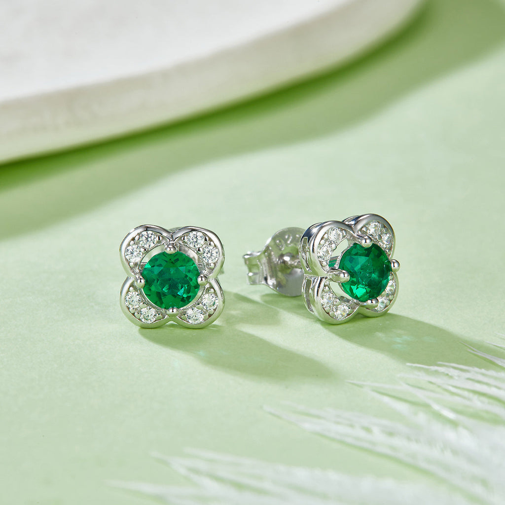 S925 Silver 1.5g 0.45ct Lab-Created Emerald Clover Earrings, 4mm Studs, Pair